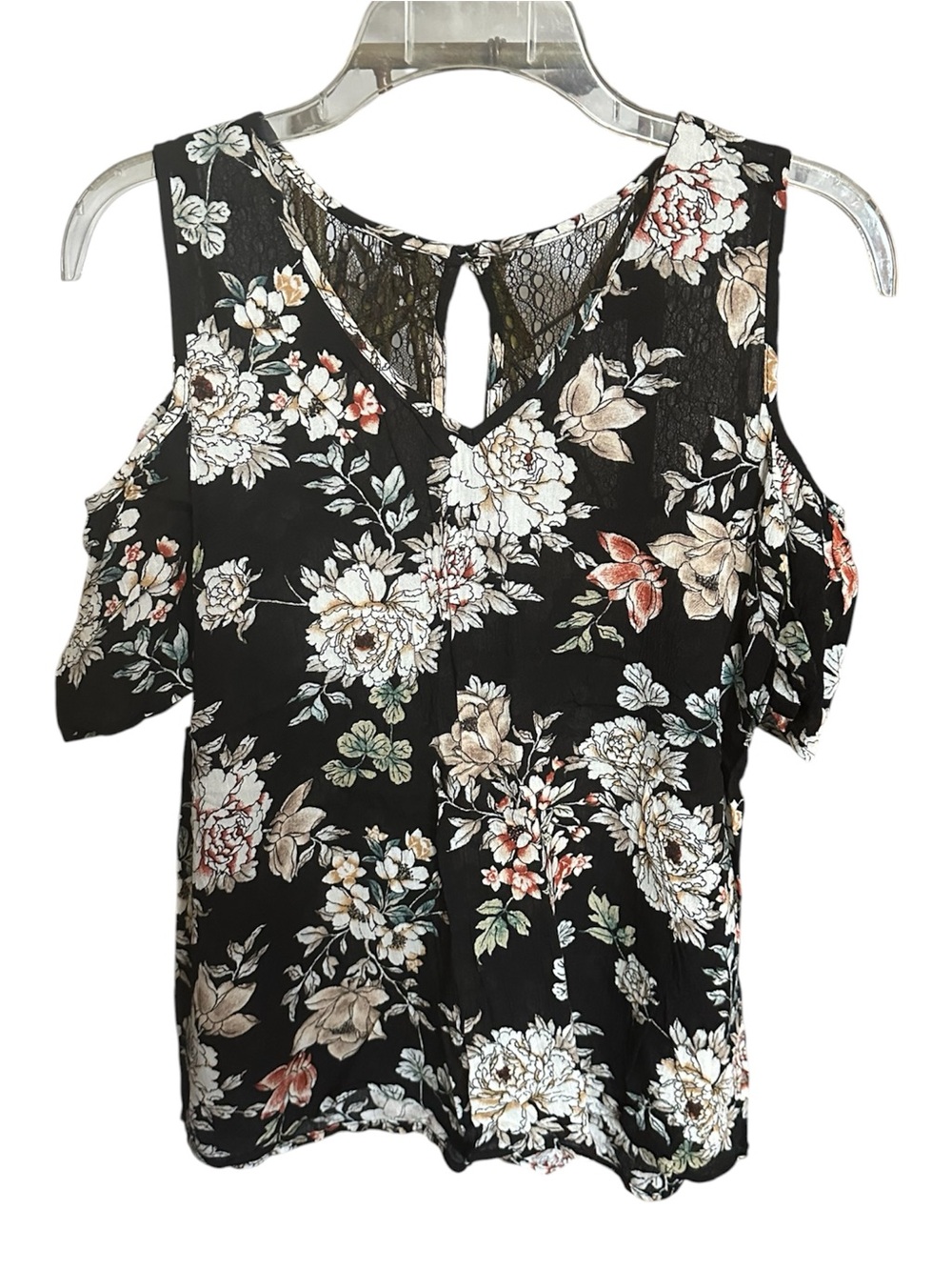 Gypsies & Moondust Black Floral Cold-Shoulder V-Neck Top- NWOT M